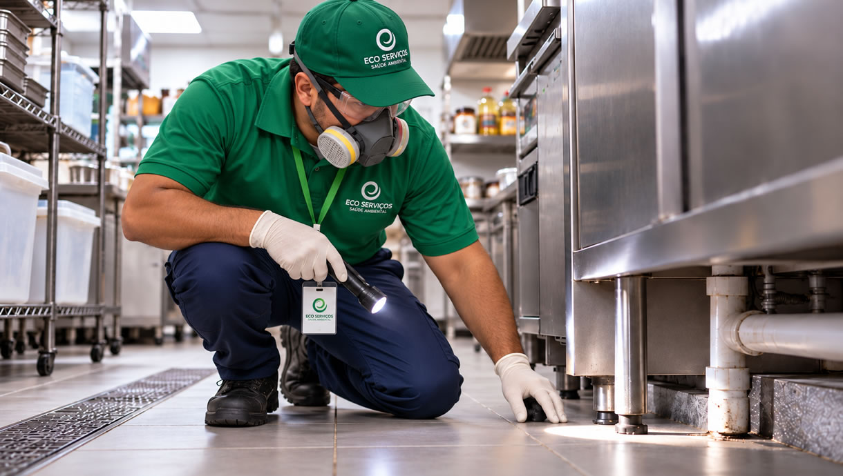 Técnico da EcoServiços realizando inspeção profissional de controle de pragas em estabelecimento comercial.